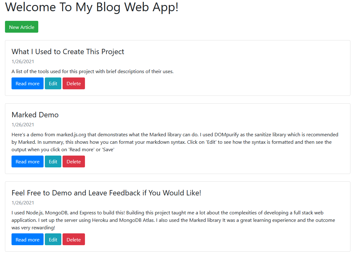 Screenshot of Michael Visque's markdown-blog-app.